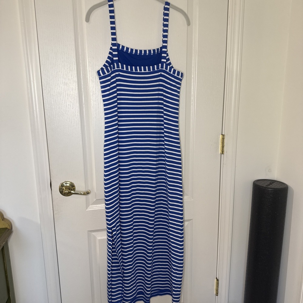 LOFT Blue White Stripe Ribbed Tank Maxi Dress Built In Bra Size 10 - Picture 4 of 11
